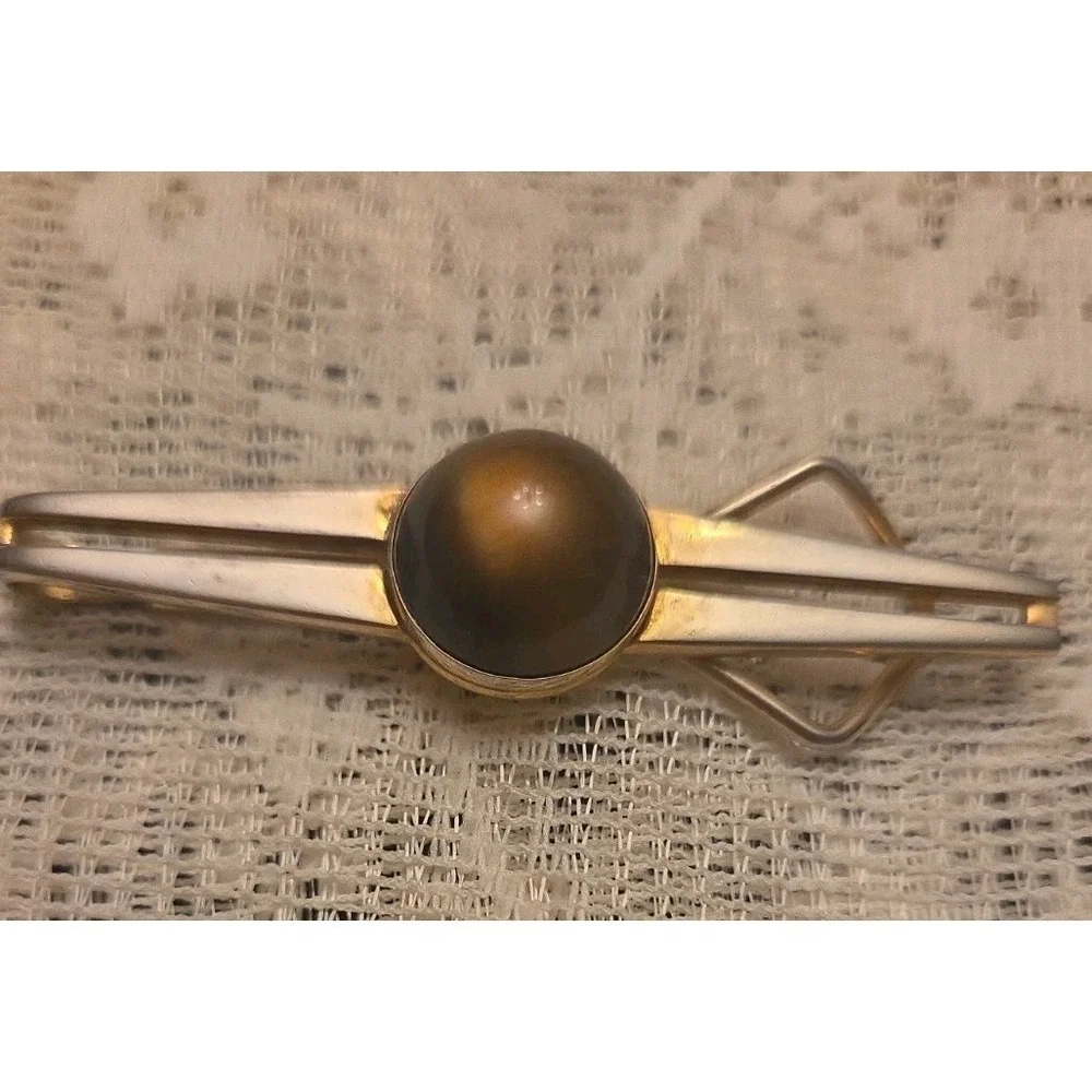 Swank Vintage Brown Cabochon Cufflinks Matching Tie Clip l